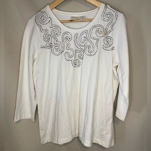 Chico's White Embellished 3/4 Sleeve Tee